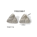 Detailed view of silver triangular earrings with striped texture and dimensions marked - Pleated Radial Triangle (YYE023588-P) / Silver