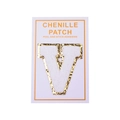 Detail of white chenille letter V patch with gold glitter edge and adhesive backing - Letter V / White
