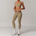 Women's earth-toned recycled yoga set with v-neck sports bra and high-waisted leggings - 8998 Bra + 8998 Skinny Jeans Dark Khaki