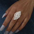 Macro shot of a sparkling marquise hollow ring with white crystals on a denim background - Adjustable Open / Silver Hollow Marquise Style (6080S)