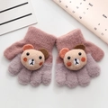 Pink and purple knitted children gloves with 3D cartoon bear decor on white background - One Size (Suggested 0-3 Years Old) / Pink Purple Bear