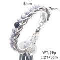 Mens double-layer bracelet with 8mm white turquoise beads and silver twisted rope chain - Style B Steel Color (KB204751-Z)