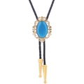 Detail of western bolo tie with blue stone, gold crown frame and black leather cord - 5 (Gold with Blue Cat's Eye)