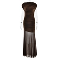 Mouwloze maxi-jurk in donkerbruin met elegant geplooid lijfje en een rok van transparante mesh - L / koffiekleur