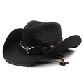 Black woven straw western cowboy hat with silver bull head emblem and adjustable chin strap - M (56-58cm) / Black