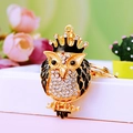 Gold owl keychain with sparkling rhinestones and black enamel detailing on metal - A430 Owl F Black