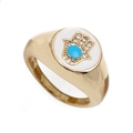Anello aperto mano di Fatima dorato con smalto bianco e gemma blu vista a 45 gradi - Regolabile / Bianco
