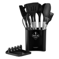 Set di 13 utensili da cucina in silicone nero con manici in acciaio e secchiello porta - Set da 13 pezzi con secchio quadrato / Nero