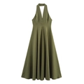 Elegante olijfgroene halter maxi-jurk met geplooide rok en knoopdetails erop - XS / Legergroen