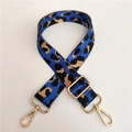Close-up of adjustable leopard print nylon bag strap with gold metal lobster clasps - Silver Clasp / Royal Blue