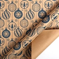 Brown kraft Christmas wrapping paper roll featuring dark blue festive ornaments and snowflakes - Blue Bell