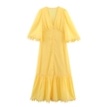 Elegante felgele maxi-jurk met V-hals, kanten rand en uitlopende mouwen voor dames - XS / Geel