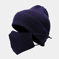 Detalle del gorro de punto violeta oscuro y máscara a juego con cordones ajustables - M (56-58cm) / Azul marino