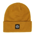 Detailed knit texture of ginger yellow beanie with a classic white smiley face patch - Caramel color