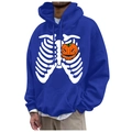 Bright blue fleece hoodie for men with Halloween skeleton and pumpkin rib cage print - S / Tops / Bright Blue