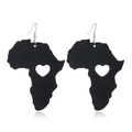 Detailed view of black wooden African map earrings with heart cutout and metal hooks - Style 14 (Heart Hollow Africa)