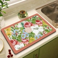 Tappetino asciugapiatti assorbente con motivo floreale vintage e bordo arancione - 30*40cm / MSHH-4/Bordo Arancione Fiori