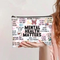 Close-up of canvas makeup bag with mental health patterns and black zipper detail - Mental Health Matters Style (jiayingpbb0130)