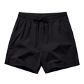 Men's black quick-dry sports shorts with drawstring waist and side slits on white background - S / Black