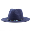 Detail of navy blue straw fedora with ethnic beads and brown woven decorative band - M (56-58cm) / Navy Blue