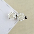 Elegant twin white rose hair clip with pearl luster finish on a polished silver barrette - 2-Pearl Camellia / 1 Piece (Bulk)