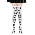Close-up of gothic white thigh high socks featuring black crossbone pattern for Halloween - One Size / Black Bone/White