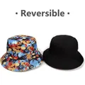 Reversible bucket hat for women with colorful maple leaf print and solid black design - M(56-58cm) / Black + Maple Leaf Print (Reversible)
