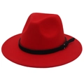 Detail of red wool felt jazz hat featuring a black decorative band and metal buckle - Red