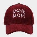 Unisex burgundy corduroy baseball cap featuring white DOG MOM embroidery on front - One Size / Burgundy