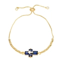 Detail of adjustable gold bolo bracelet with blue sapphire cross and box chain link - Dark Blue