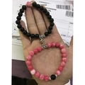 Magnetic couple bracelets with natural stone beads in black and pink with metal charm - Rose Red