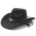 Black western cowboy hat with brown leather band and silver ox head stud on white background - M (56-58cm) / Black