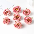 Overhead macro view of seven realistic pink silk rose heads for DIY crafts on white surface - 7 Pcs Pack / Rose Pink