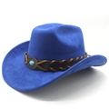 Detail of royal blue suede cowboy hat featuring brown braided leather and turquoise stone - M (56-58cm) / Sapphire Blue