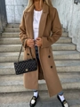 Outdoor shot of camel long wool coat featuring classic notched lapels and double-breasted buttons - S / Khaki