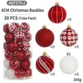 30-piece 6cm Christmas ball set with red and white glitter finishes in barrel pack - Red White Series