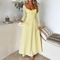 Elegant pale yellow long sleeve evening dress with square neck and tie-front waist - S / Yellow