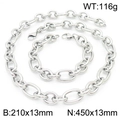 Polished silver stainless steel jewelry set with 13mm thick oval link chain and bracelet - 13mm-Bracelet / Steel