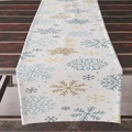 Linen Christmas table runner with blue and gold snowflake patterns on beige background - 33*183cm / White Blue Snowflake