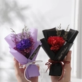 Handheld mini bouquet set with purple and red carnations and Best Wishes tags - Red Carnation Black Paper