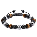 8mm tiger eye and obsidian braided rope bead bracelet for men with adjustable cord - Yellow Tiger Eye Black Agate Braided Style (款式-01)