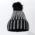 Winter black knit beanie for women with colorful rhinestones and fluffy faux fur pompom - Black (AB Rhinestones)