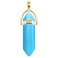 Hexagonal blue crystal column pendant with polished gold metal clasp on white background - Sky Blue Cat Eye / + Waxed Cord Gold Tail Chain
