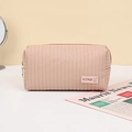 Pink PU leather cosmetic bag with gold ring zipper and cute rabbit logo patch - Makeup Tool Storage Bag (208) / Lotus root pink