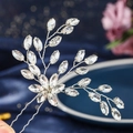 Silver bridal hair comb with elegant crystal leaf design and sparkling rhinestones - HS-J6399 Single Silver Leaf Branch Rhinestone Hair Pin