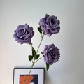 Artificial 3-head purple diamond rose branch with green leaves for wedding decor - Dark Purple