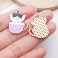 DIY purple enamel cat coffee cup pendant with golden alloy frame for jewelry making - Purple Cup White Cat