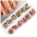 Nail art gold and silver foil flakes in 12-slot storage box for DIY manicure design - 12 Grids Foil Set 01 (Gold and Copper)