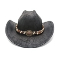 Détail de la texture cuir noir vieilli et de la bande perlée sur le chapeau de cowboy - M (56-58cm) / Noir