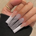 Extra lange vierkante kunstnagels met marmertextuur, French tips en strassteentjes - Wit Marmer Franse Stijl (SGCY-164) / Lijm Type